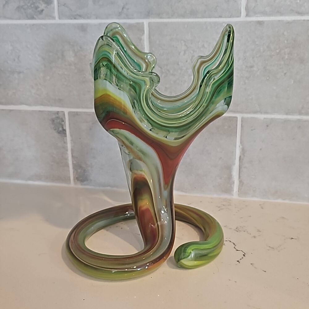 Vintage Green and Brown Hand Blown Spiral Art Glass Vase - 8" MCM Swirl